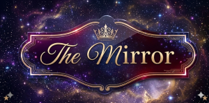 a galaxy laden label that says The Mirror in gold scroll with a crown of royalty above it.