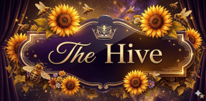 a label that says The Hive in gold scroll with sunflowers and bumble bees.