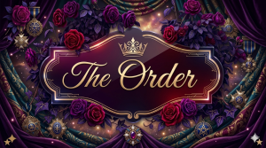 a label with The Order in gold scroll with a royal crown and red and purple roses