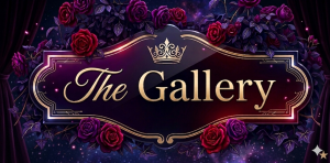 a sign saying "The Gallery" with red roses behind it.