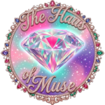 a brilliantly colored gem with facets of pink, purple teal and the pastels of each with gems and the title The Haus of Muse