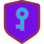 burgandy, royal purple, pink and teal make up this badge with a key symbolizing the Keyholder's Achievement.